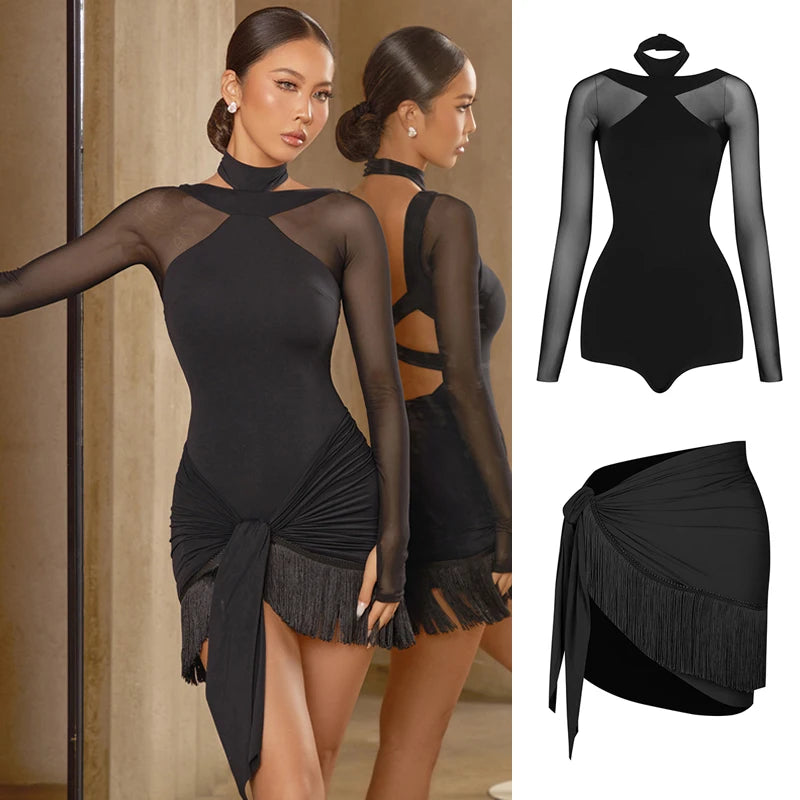 Women's Black Mesh Long Sleeve Halter Neck Bodysuit with Fringe Wrap Skirt Latin Dance Dress