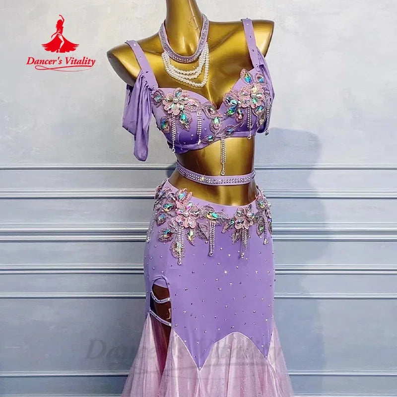 Women's Belly Dance Costume 2-Piece Set With Rhinestone Bra And Fishtail Skirt For Performance