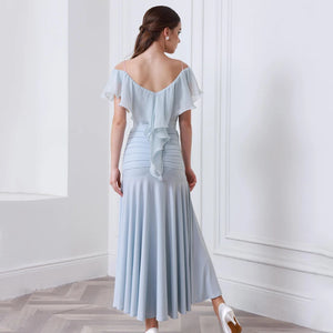 Women's Black Off-Shoulder Ruffled Ruched Ballroom Dance Dress, Light Blue Off-Shoulder Ruffled Ruched Ballroom Dance Dress, Mauve Off-Shoulder Ruffled Ruched Ballroom Dance Dress