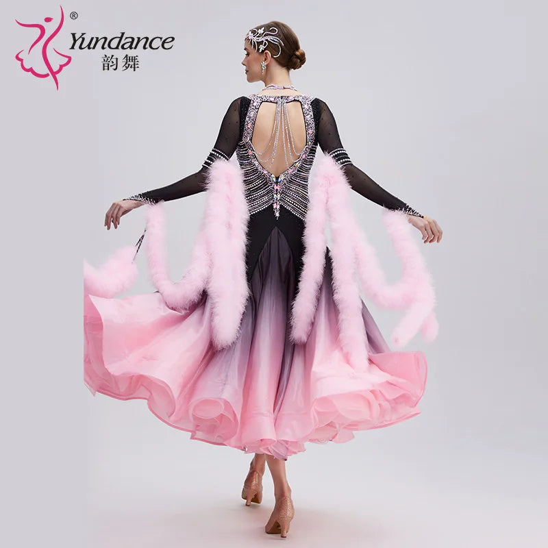 Women's International Standard Ballroom Dance Dress Pearl-Embellished Silk Black-Pink Gradient Competition