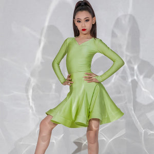 Girls Ballroom Dance Dress, Long Sleeve V-Neck Ruffle Skirt Latin Dance Costume