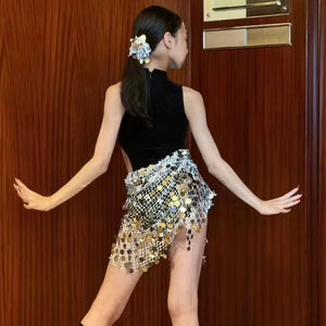 Girls' Black Sleeveless Mock Neck Leotard with Gold Sequin Mesh Skirt Latin Dance Dress
