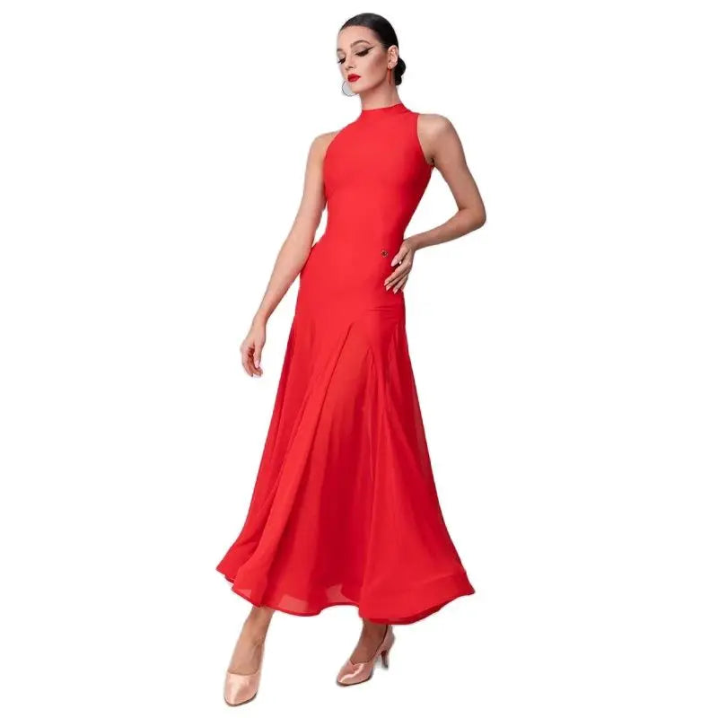Women's Red High Neck Sleeveless Back Lace-Up Ballroom Dance Dress