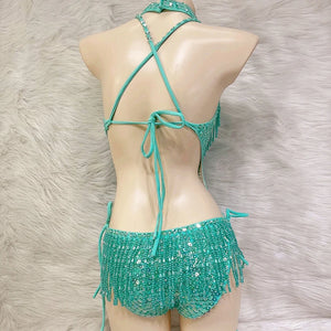 Women's Olive Green Beaded Sequin Halter Neck Fringe Latin Dance Leotard