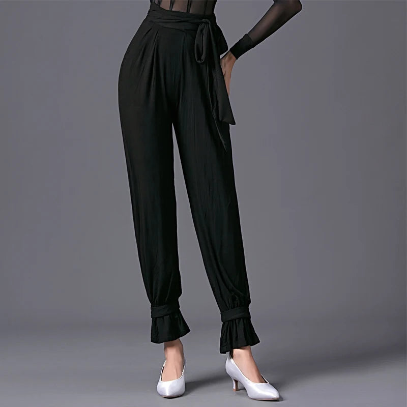 Women's Black Sheer Velvet Long Sleeve Bodysuit & Ruffled Hem Dance Pants Latin Ballroom