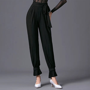 Women's Black Sheer Velvet Long Sleeve Bodysuit & Ruffled Hem Dance Pants Latin Ballroom