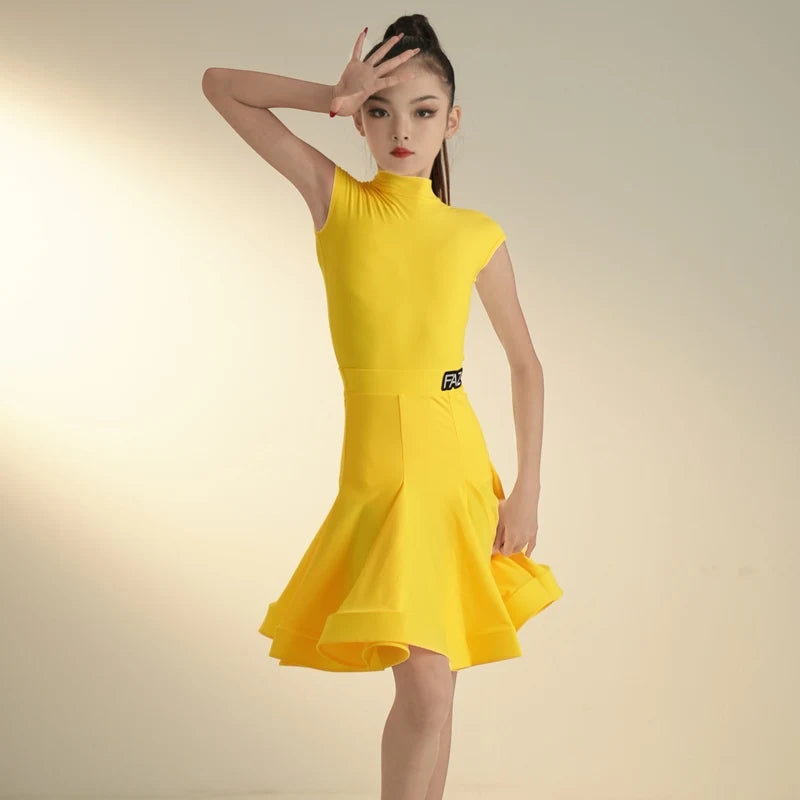 Kids Girls Ballroom Dance Dress, Sleeveless Turtleneck Lycra Ruffle Skirt, Latin Samba Cha Cha Performance Costume