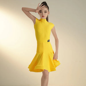 Kids Girls Ballroom Dance Dress, Sleeveless Turtleneck Lycra Ruffle Skirt, Latin Samba Cha Cha Performance Costume
