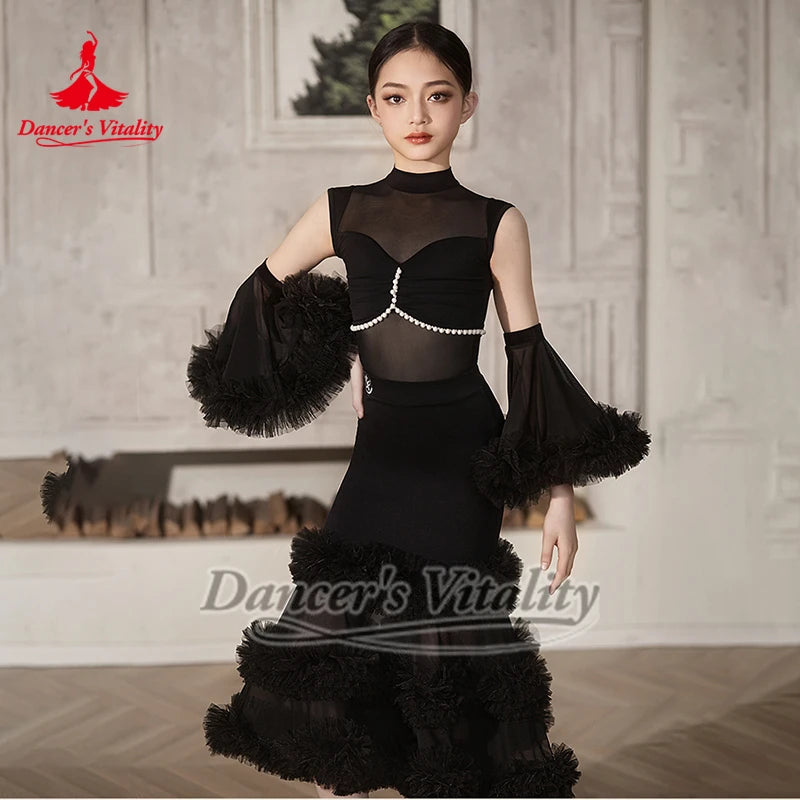 Girls' White & Black Mock Neck Mesh Pearl Latin Dance Dress with Ruffled Skirt