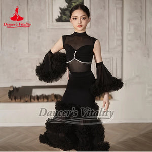 Girls' White & Black Mock Neck Mesh Pearl Latin Dance Dress with Ruffled Skirt