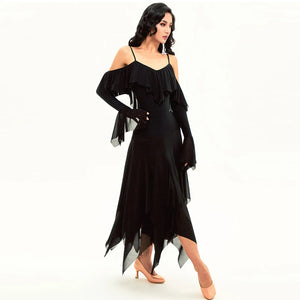 Women's Black Ruffled Cold Shoulder Mesh Ballroom Dance Dress