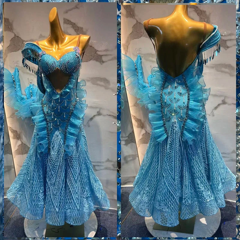 Women's Light Blue Beaded Fringe Ruffled Lace Latin Ballroom Dance Dress