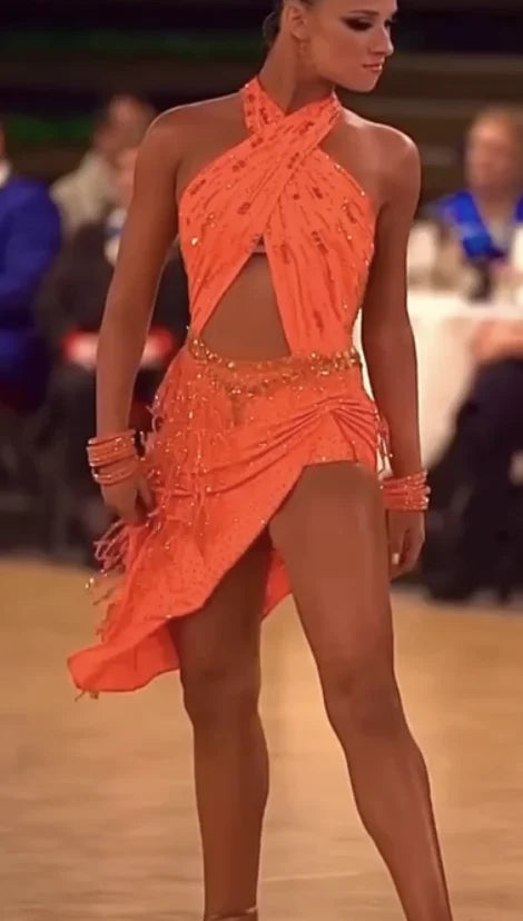 Women's Orange Sequin Halter Neck Cutout Latin Dance Dress with Fringe Hem