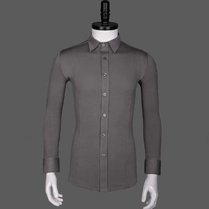 Men's Black Stretch Long Sleeve Dance Shirt with Tie, Ballroom Latin Tango