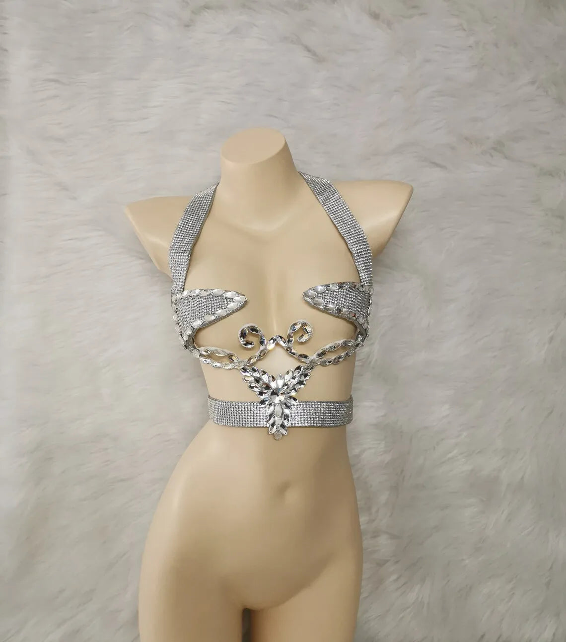 Women's Silver Rhinestone Halter Neck Open Bust Body Chain Belly Dance Bra Top