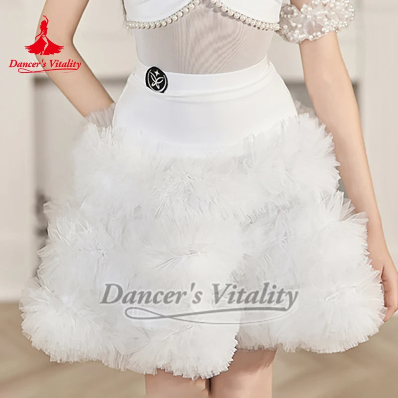 Girls' White & Black Mock Neck Mesh Pearl Latin Dance Dress with Ruffled Skirt