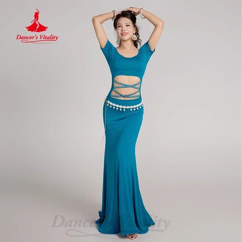 Belly Dance Dress Women Teal Short Sleeve Cut-Out Rhinestone Slit Mermaid Maxi Skirt with Hip Scarf
