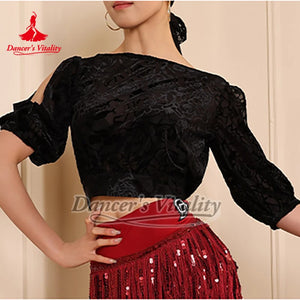 Women's Purple & Black Fringe Latin Dance Skirt Set with Sheer Floral Tops