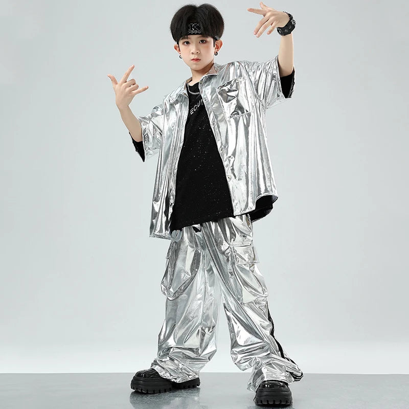 Kids' Silver Metallic Hip Hop Dance Costume Set, Loose Fit Short Sleeve Shirt & Cargo Pants