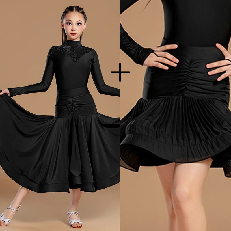 Girls' Black Ballroom Dance Dress with Lace Neckline and Ruched Waist, Long Sleeve Latin Dance Skirt