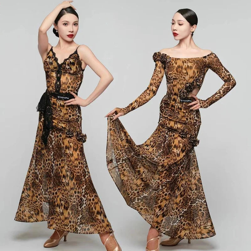 Women's Brown Leopard Print Latin Dance Dress with Black Lace, High-Low Hem, and Ruffled Detail
