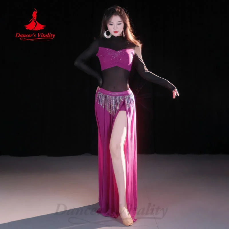 Belly Dance Costume Womens Black Sequin Bustier Top & Slit Skirt Set with Rhinestone Tassel Mask