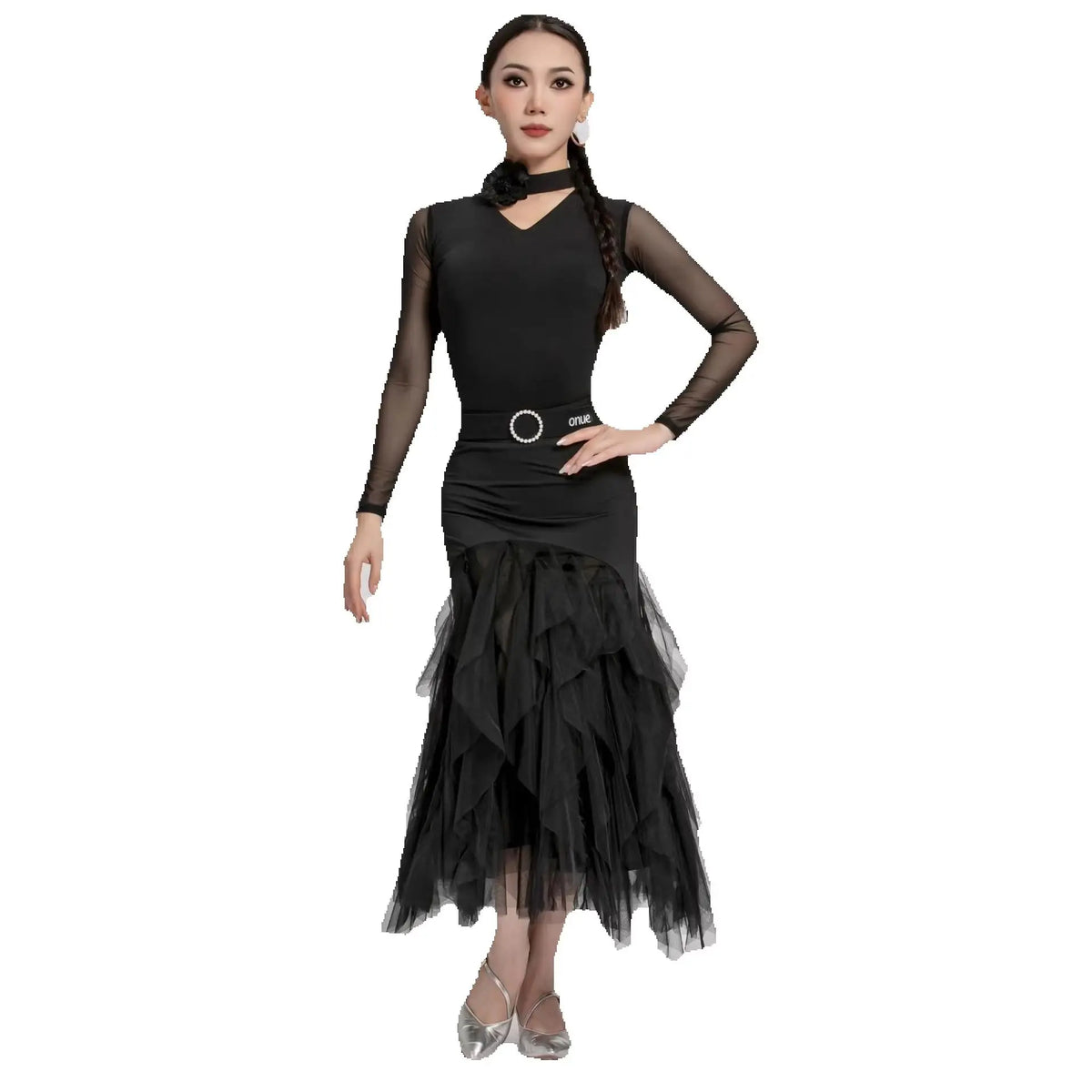 Ballroom Dance Dress Women's Black Mesh Long Sleeve V-Neck Ruffle Skirt with Belt, Latin Dance