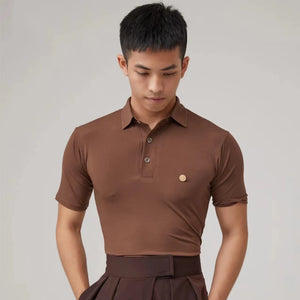 Men's Brown Ribbed Polo Dance Shirt with High-Waisted Pleated Trousers for Latin Ballroom