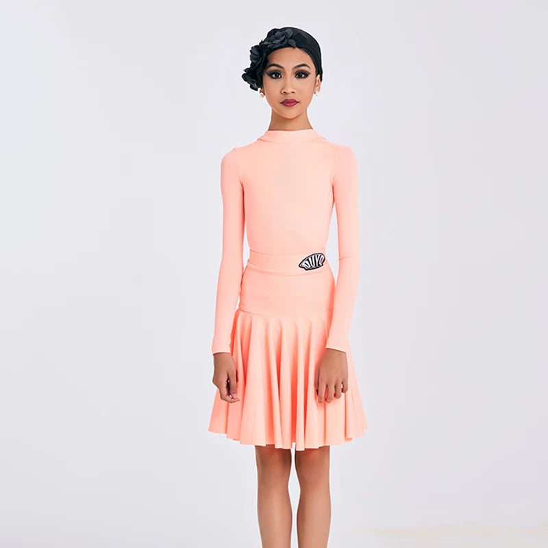 Girls' Teal Long Sleeve Mock Neck Pleated Hem Latin Dance Dress