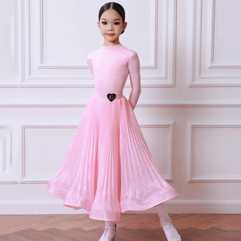 Girls Pink Long Sleeve Pleated Ballroom Dance Dress with Heart Logo