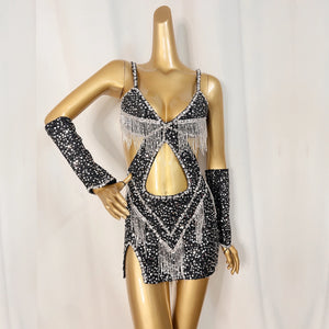 Women's Black Sequin Fringe Cutout Mini Dress Belly Dance Costume