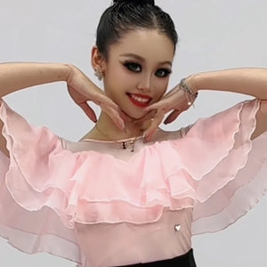 Women's Pink Ruffle Off-Shoulder Sheer Mesh Dance Top - Ballroom