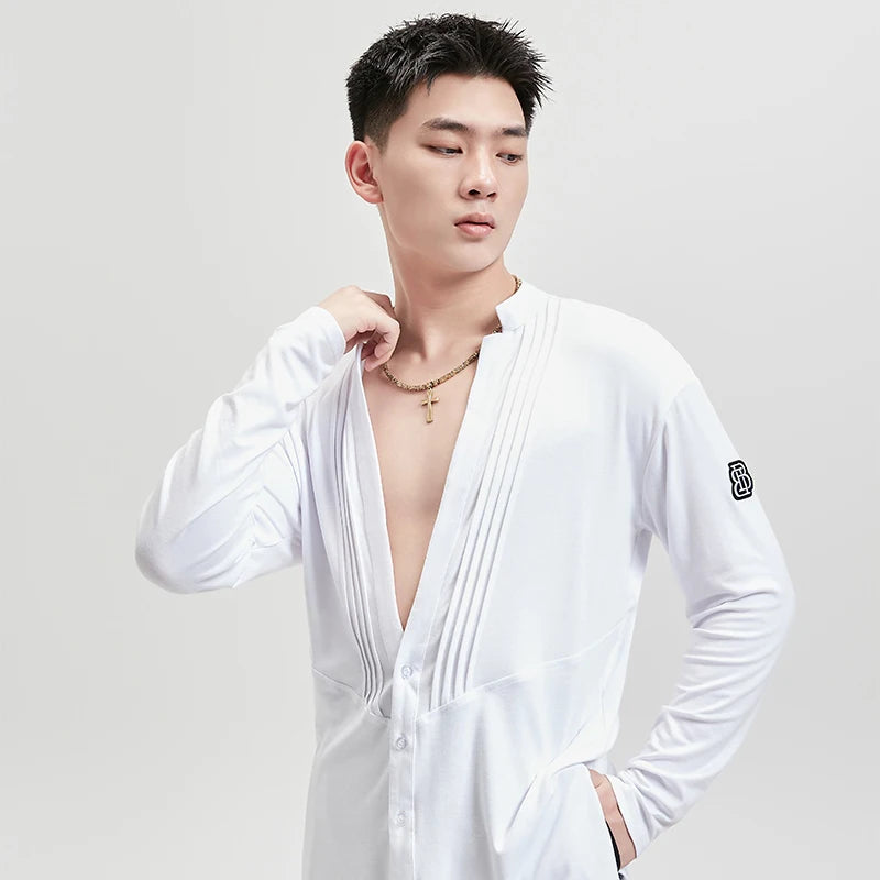 Men's White & Black Pleated V-Neck Long Sleeve Button-Down Dance Shirt