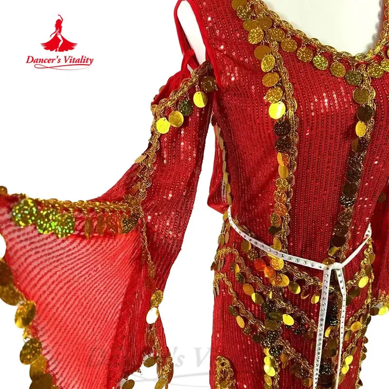 Women's Red Sequin & Gold Coin Belly Dance Dress with Hood