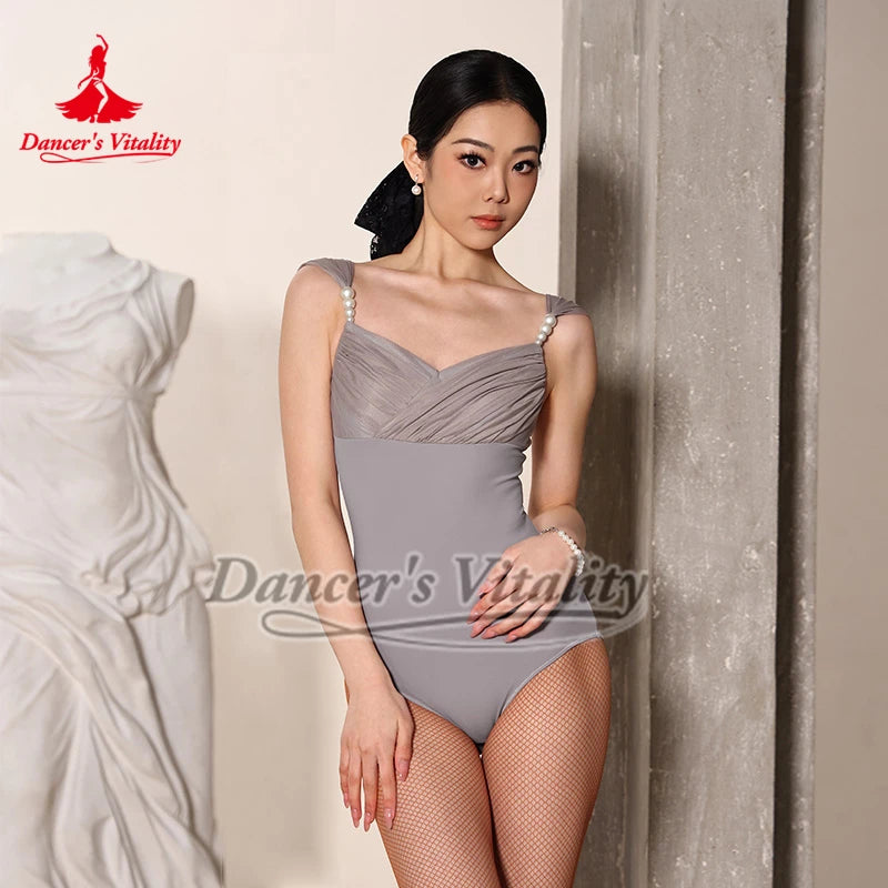Women's Black Leotard with Pearl Straps and Ruched Mesh Bust for Latin Ballroom Dance