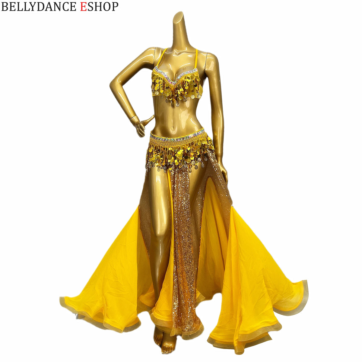 Belly Dance Women's Yellow Sequin Coin Bra and Belt Set with Flowy Chiffon Skirt