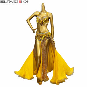 Belly Dance Women's Yellow Sequin Coin Bra and Belt Set with Flowy Chiffon Skirt