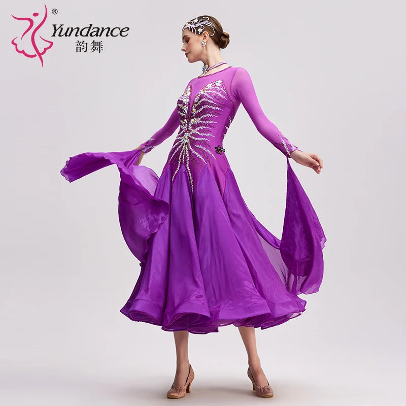 Women's International Standard Ballroom Dance Dress Purple Chiffon For Competition