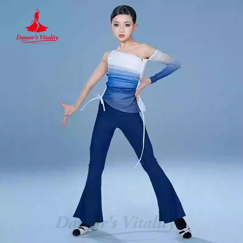 Girls' Ombre One-Shoulder Mesh Latin Dance Top and Flared Pants Set - Brown/Beige, Ruched, Long Sleeve