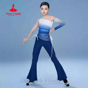 Girls' Ombre One-Shoulder Mesh Latin Dance Top and Flared Pants Set - Brown/Beige, Ruched, Long Sleeve