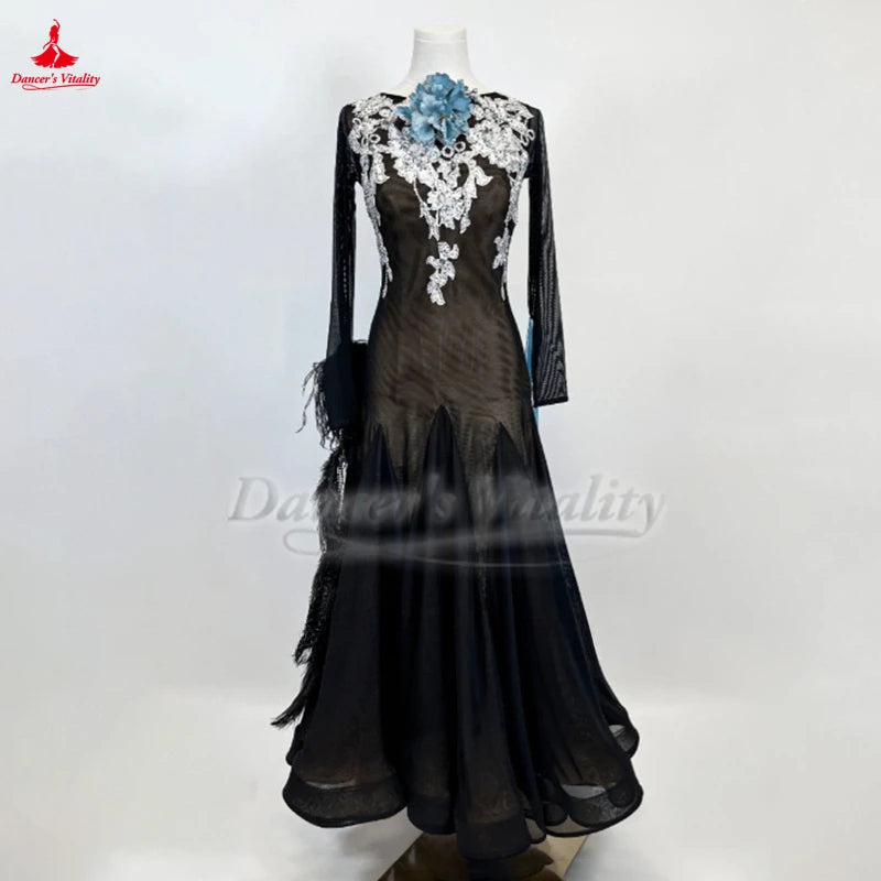 Ballroom Competition Dress With Long Sleeves V-Back For Waltz Foxtrot Quickstep Custom Adult & Child