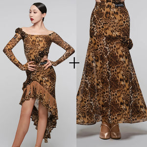 Women's Brown Leopard Print Latin Dance Dress with Black Lace, High-Low Hem, and Ruffled Detail