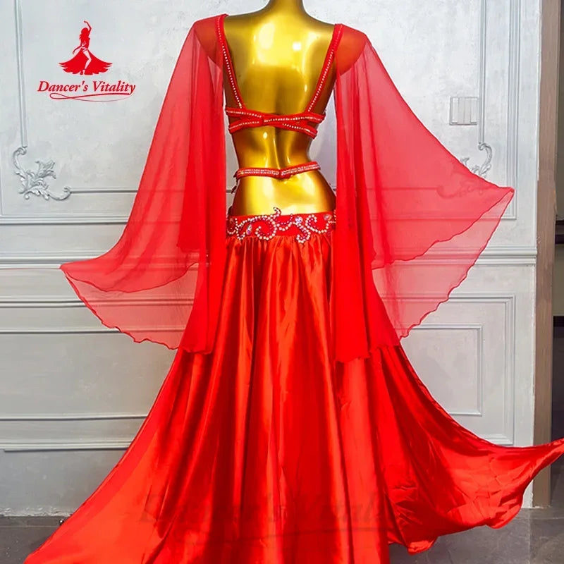 Women's Belly Dance Costume With AB Rhinestones Satin Two-Piece Set For Adult Professional Performance