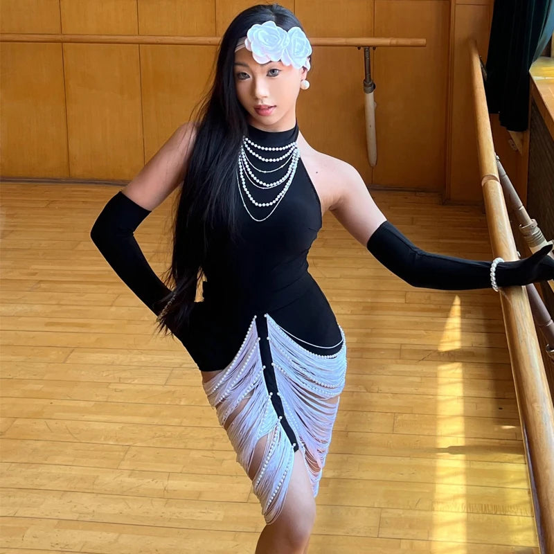 Women's Black Halter Neck Pearl Fringe Latin Dance Dress