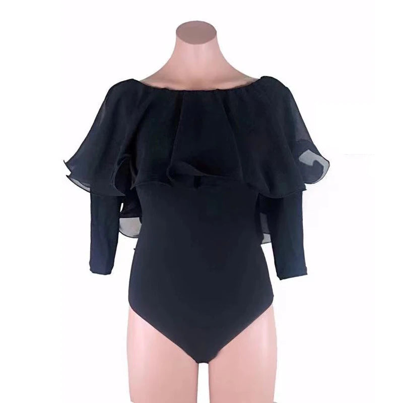 Women's White Ruffled Off-Shoulder Bodysuit with Long Sleeves, Blue High-Waisted Button-Front Pants for Latin Dance