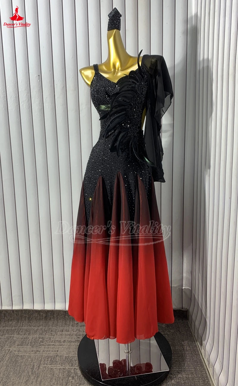 Women's Standard Ballroom Dance Dress With Full Swing Skirt For Competition