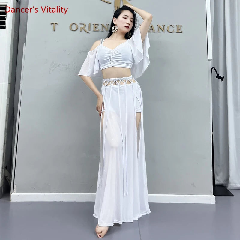 Belly Dance Costume Women Purple V-Neck Off-Shoulder Crop Top and Slit Skirt Set with Rhinestone Detail
