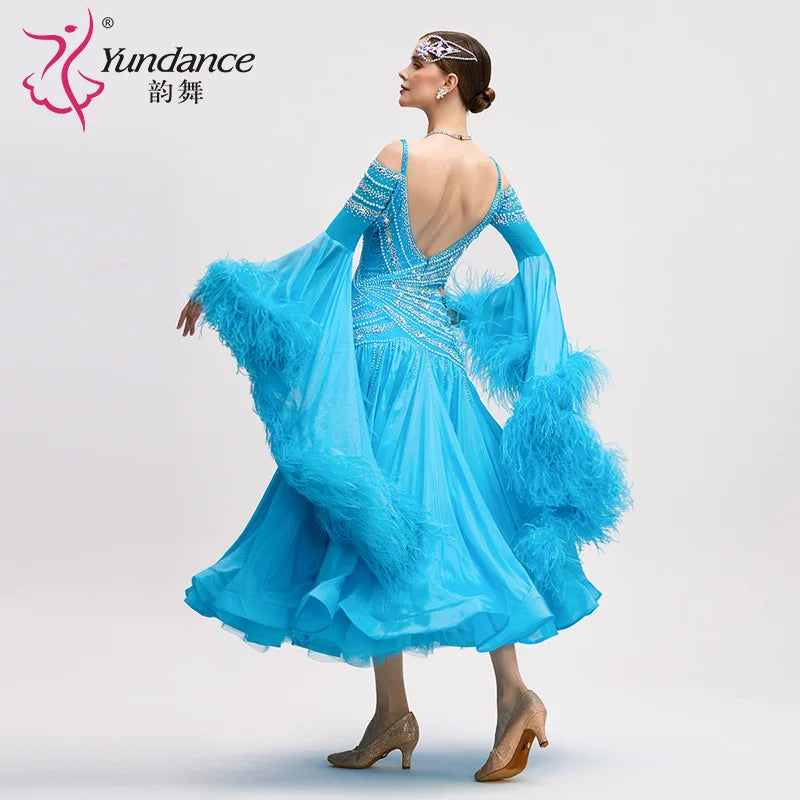 Women's Long Standard Ballroom Dance Dress With Rhinestones Satin Chiffon Blue For Competition