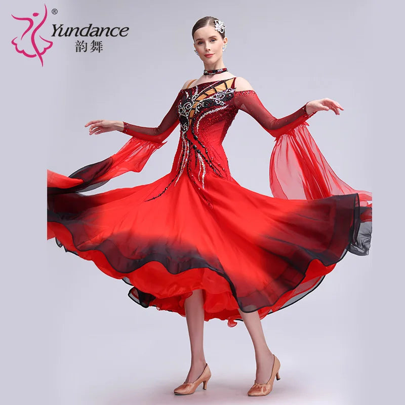 Women's Ballroom Standard Dance Dress Ombre Chiffon Red Black For Performance