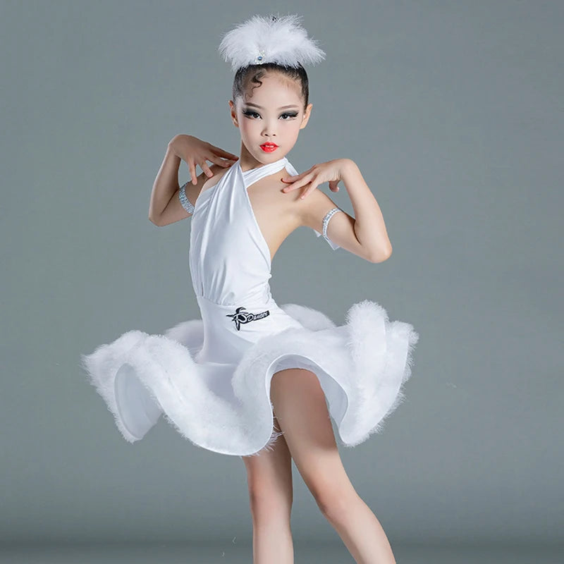 Girls Latin Dance Dress, White Halter Feathered Ruffle Skirt, Red Halter Feathered Ruffle Skirt